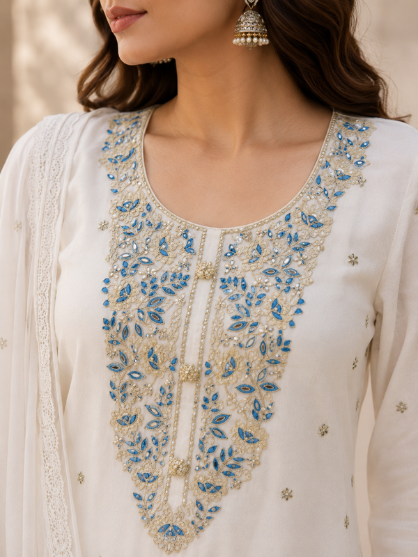 Unstitched Mall to Rayon Embroidered Suit Set with Pant & Dupatta – 3 Piece
