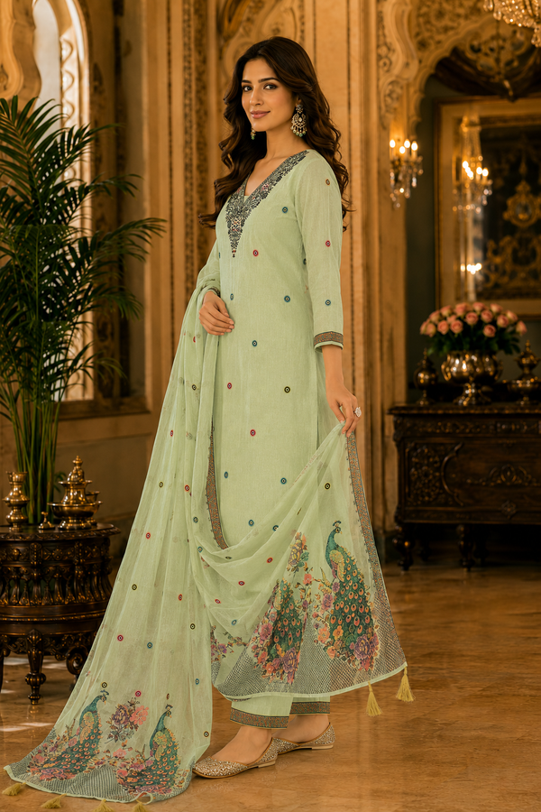 Jamdani Unstitched Cotton Suit with Printed Dupatta