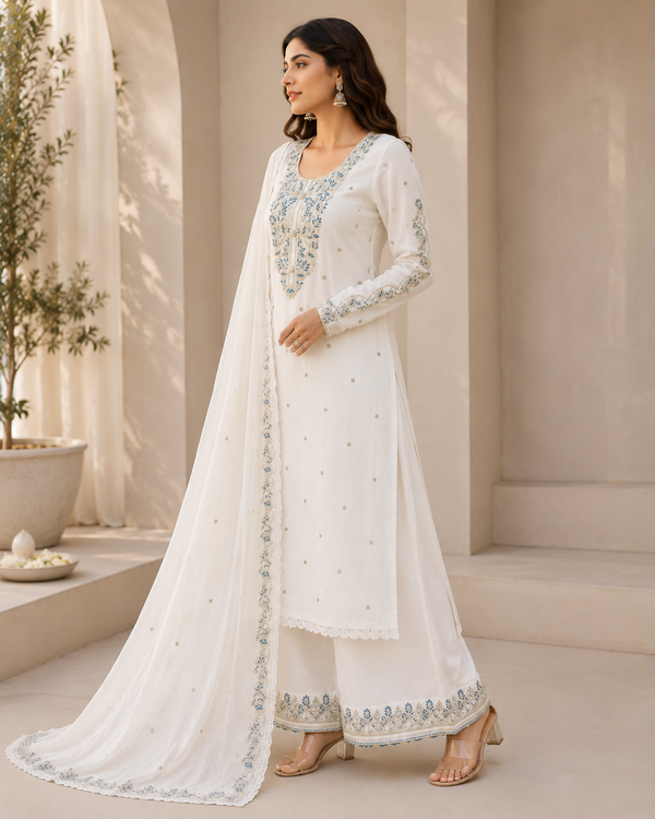 Unstitched Mall to Rayon Embroidered Suit Set with Pant & Dupatta – 3 Piece