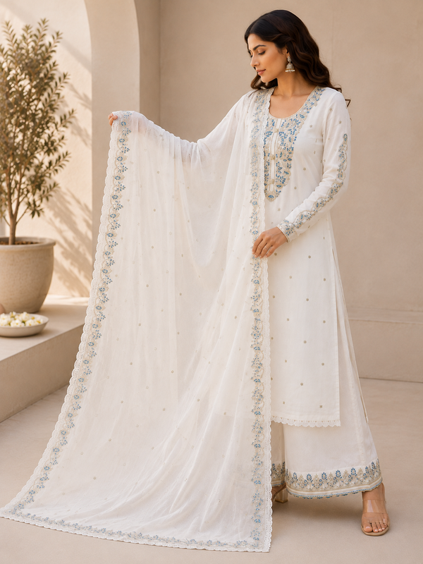 Unstitched Mall to Rayon Embroidered Suit Set with Pant & Dupatta – 3 Piece