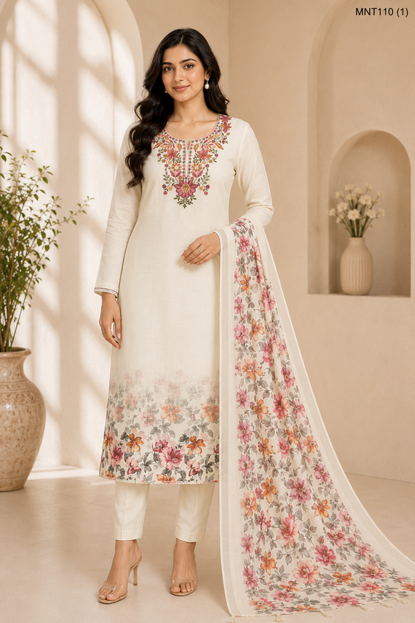 White Embroidered Kurta Pant Set with Printed Dupatta – Casual & Office Wear