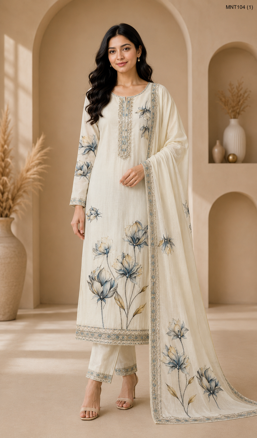Ivory Cream Floral Printed Assam Silk Kurta Set with Dupatta